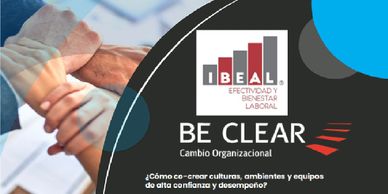 Hands joined in teamwork with BE CLEAR organizational change logo.