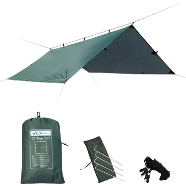 Green camping tarp with stakes and ropes