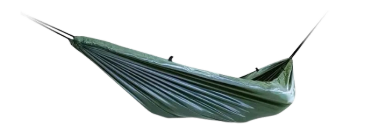 Green hammock tied and stretched.