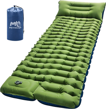 Green inflatable camping mattress with a blue carrying bag.