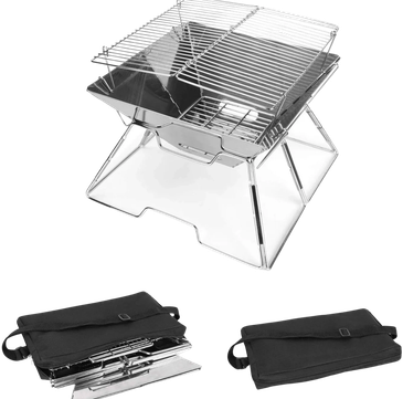 Portable stainless steel folding grill with carrying bags.
