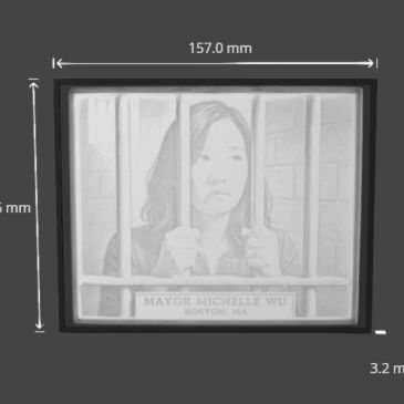 Engraved portrait of Mayor Michelle Wu behind jail bars.