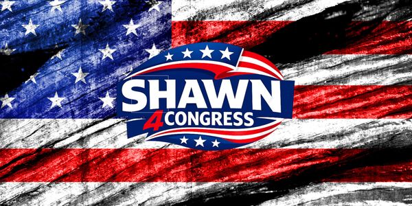 Shawn 4 Congress logo over a grunge American flag background.