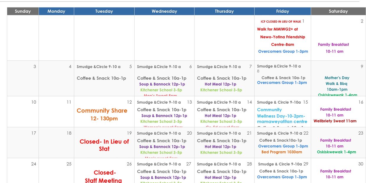 Monthly calendar showing community events and wellness activities.