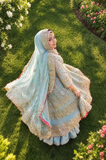 Woman in traditional bridal dress outdoors.