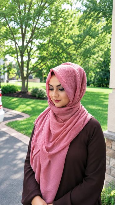 Woman in a pink hijab outdoors.