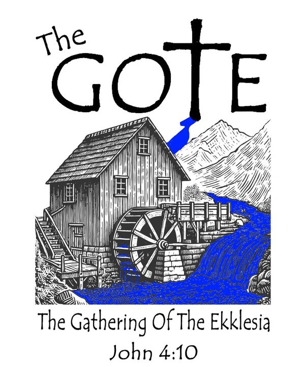 Logo with a watermill and the text 'The GOTE' and Bible reference John 4:10.