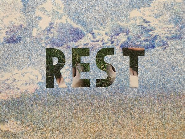 "REST" (2023) 14.5 x 17 inches framed. Mixed media on paper including prismacolor and cut paper.