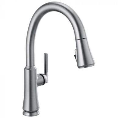 Modern stainless steel kitchen faucet with a curved design.