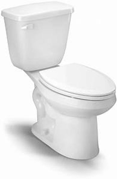 A white ceramic toilet with a lid and tank.
