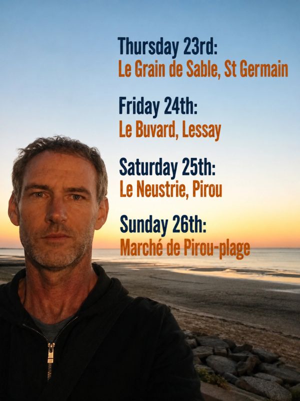 Man at beach with a schedule of events listed by date and location.