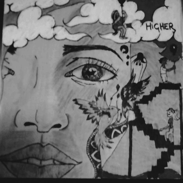 A person has risen to the sky and found peace residing in the clouds, others follow on a staircase.