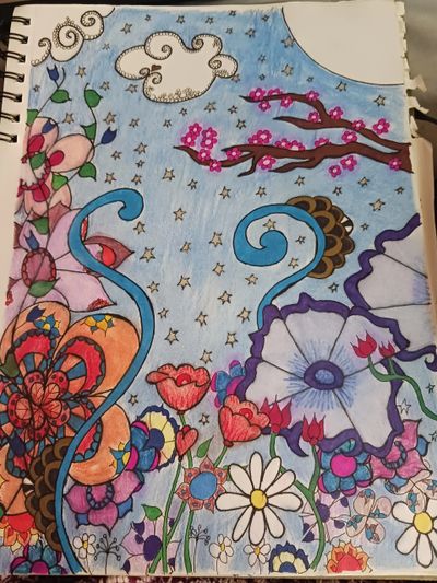 Colorful hand-drawn floral and sky scene with stars and clouds.