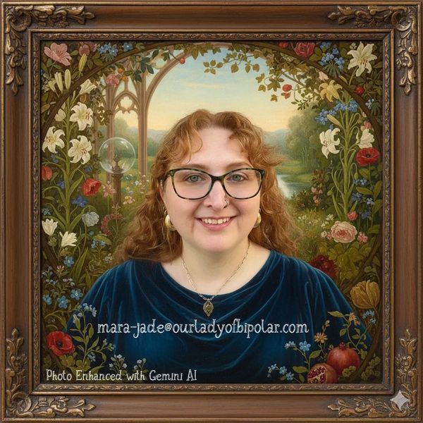 Portrait of a woman with glasses in a floral, vintage-style frame.