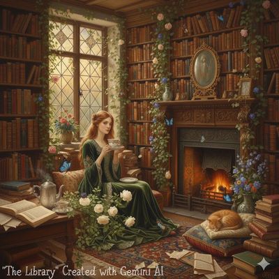 A serene woman in a green dress sips tea in a cozy, flower-adorned library with a fireplace and a sleeping cat.