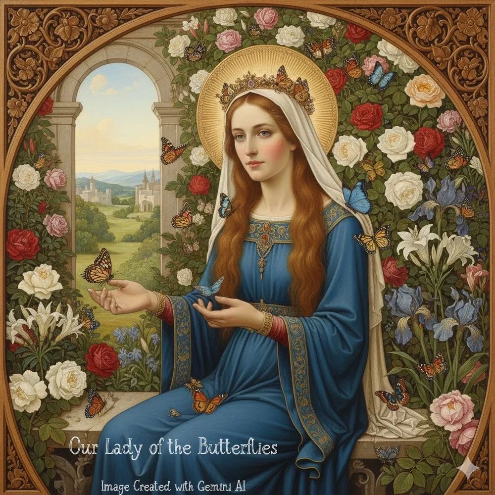 Portrait of a serene woman surrounded by butterflies and flowers.