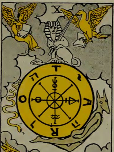 The Wheel of Fortune tarot card with symbolic creatures and a central wheel.
