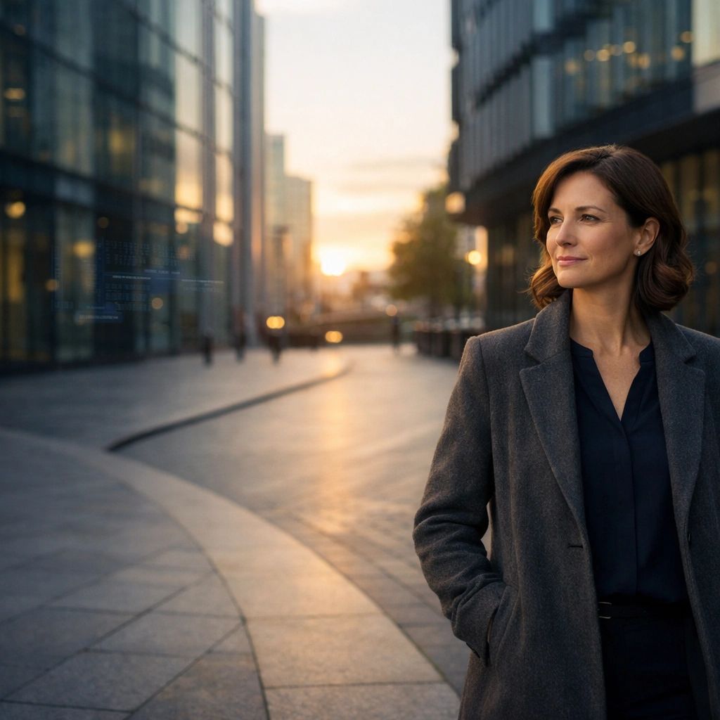 Confident woman in a gray coat standing in an urban setting at sunset.