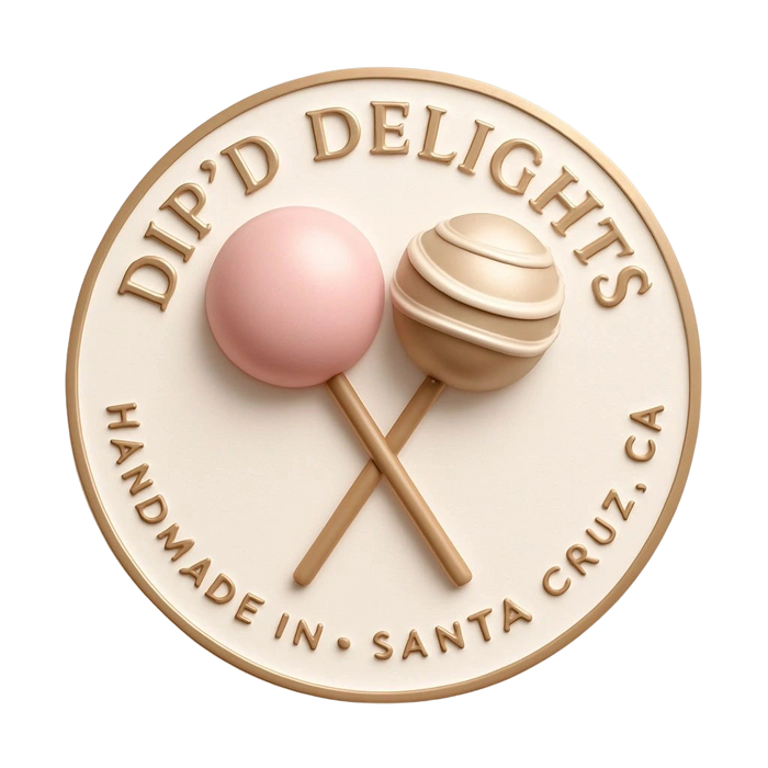Logo with two lollipops and text 'DIP'D DELIGHTS' and 'HANDMADE IN SANTA CRUZ, CA'.