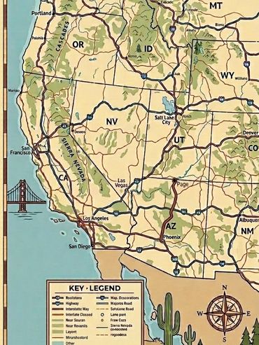 Vintage map of the western United States showing major cities and highways.