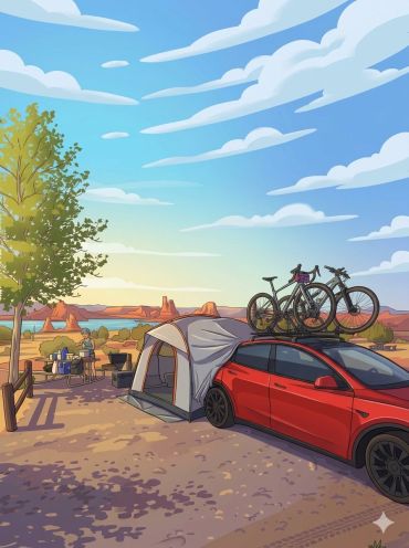 Car camping with bikes on roof in scenic desert park.