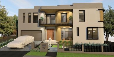 Modern two-story house with a car and front yard.