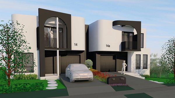 Modern twin houses with black and white design and balconies.