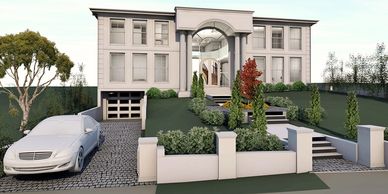 Modern two-story house with a driveway and landscaped front yard.