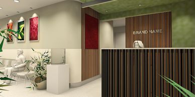 Modern reception area with green accents and minimalist decor.