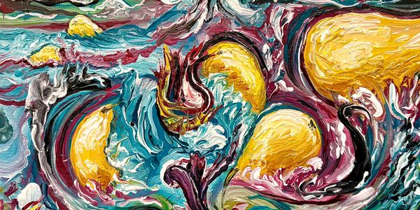 Abstract painting with swirling yellow, blue, and red textures.