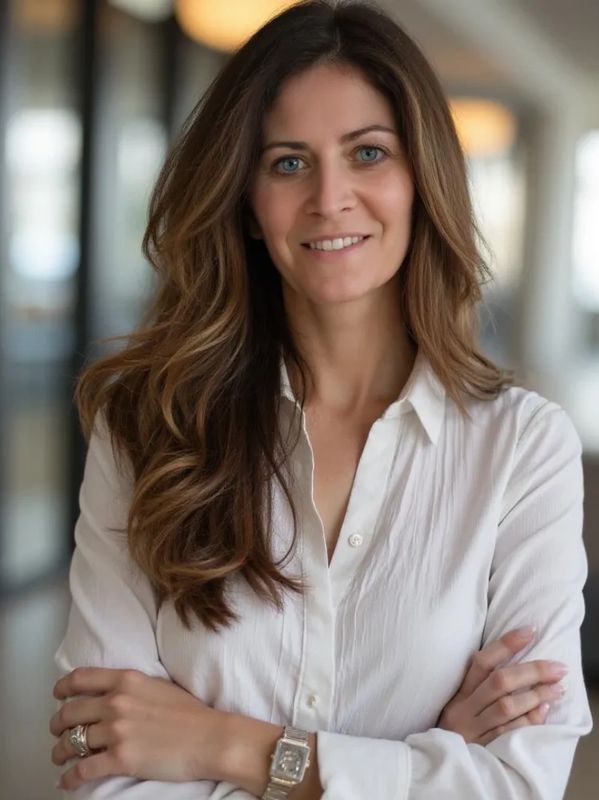 Confident woman in white shirt smiling with arms crossed indoors.