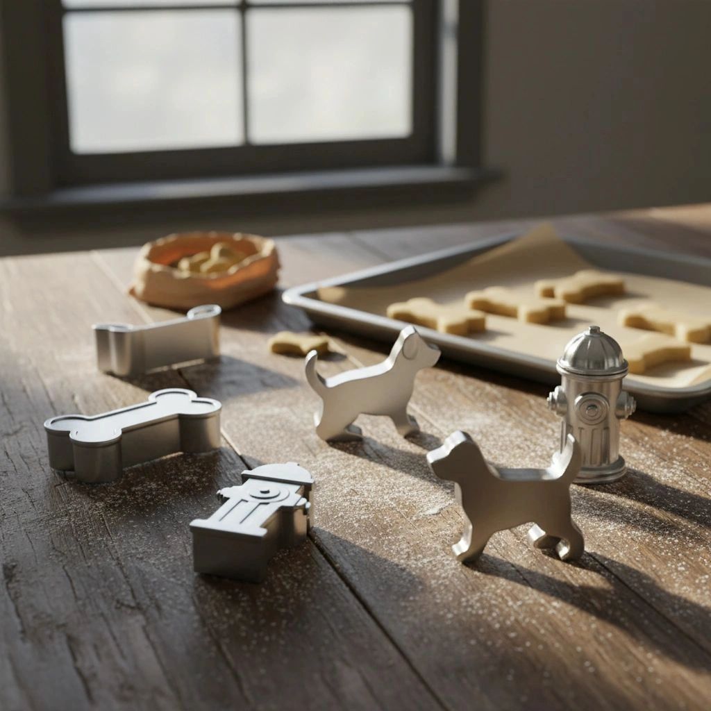 Metal cookie cutters shaped like dogs, bones, and fire hydrants on a floured wooden table.