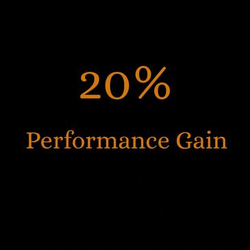 Text showing 20% performance gain in orange on black background.