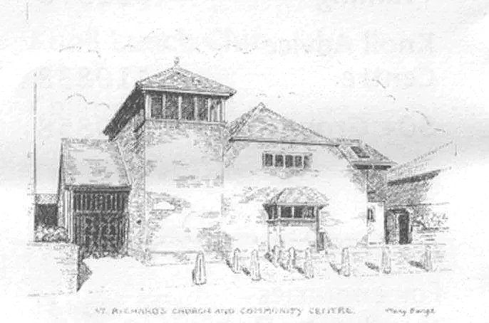 a pen and ink drawing of a large building with a pointed roof