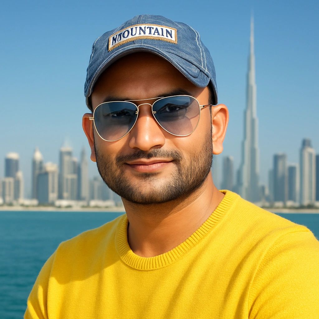 Vipanpreet Singh, Founder of Rabbab Cleaning UAE, with Dubai skyline in the background.