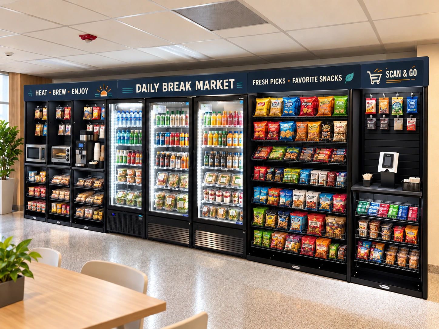 Modern self-serve break market with snacks and drinks.