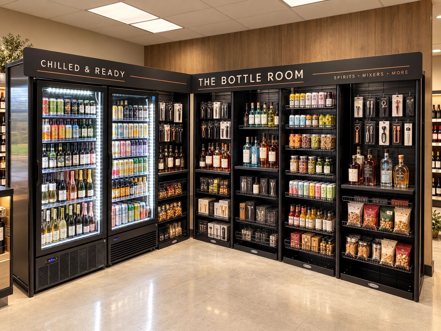 Organized liquor store display with chilled beverages, bottles, mixers and accessories