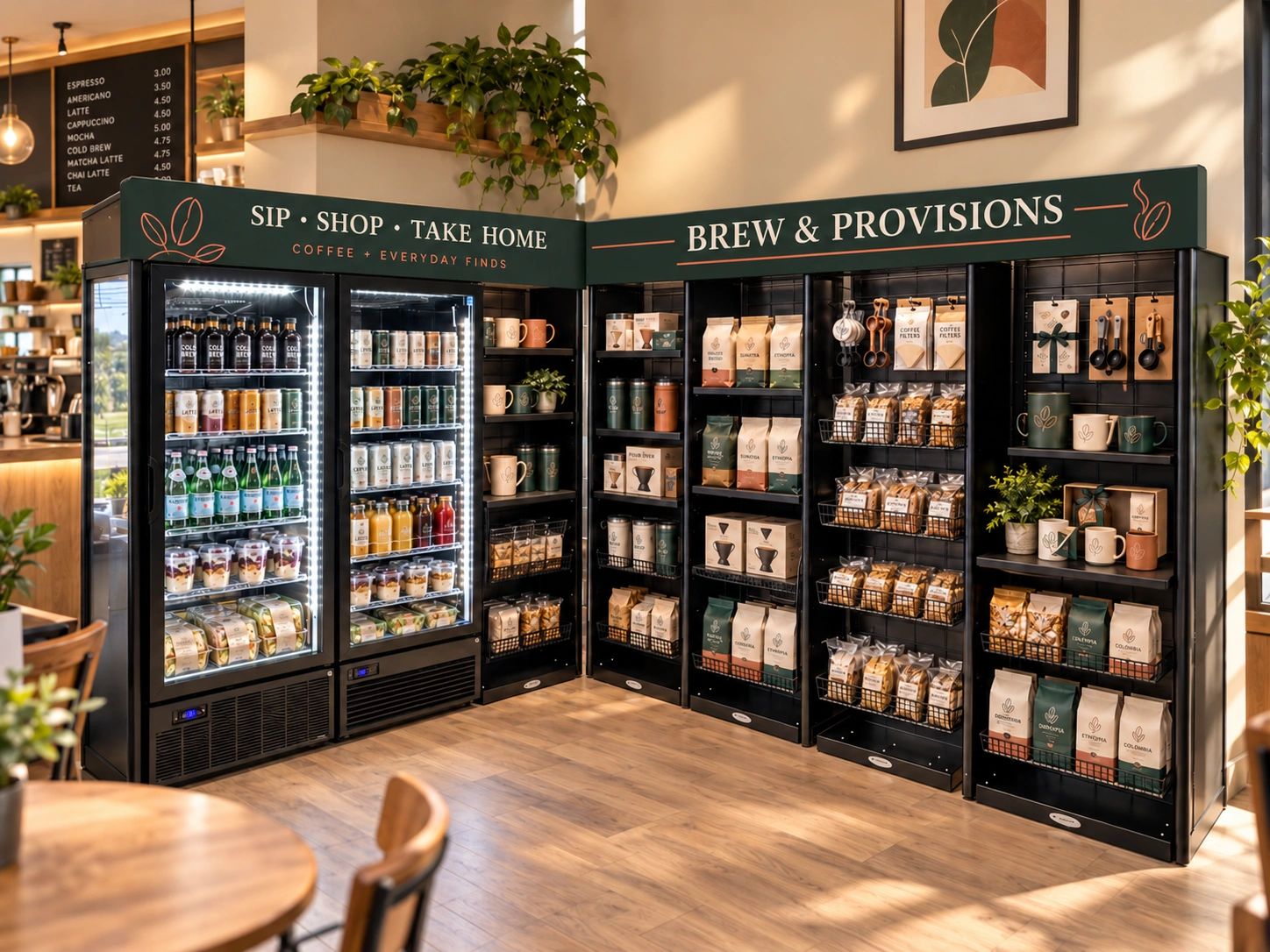 Modern coffee shop station with beverage equipment, snacks, refrigeration and organized supplies