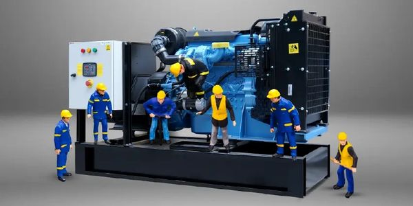 Miniature workers inspecting a large industrial generator model.