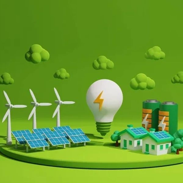 3D illustration of renewable energy sources including wind turbines and solar panels.