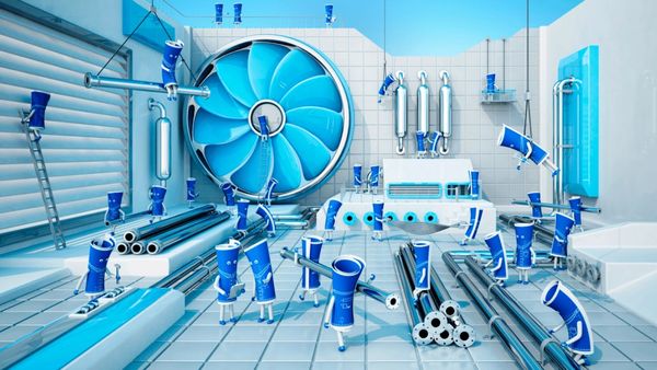 Animated blue cups operating a large fan and pipes in a mechanical room.
