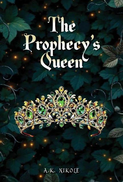 A jeweled crown on a dark leafy background with the title 'The Prophecy's Queen'.