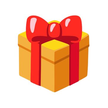 Yellow gift box with a big red bow on top.