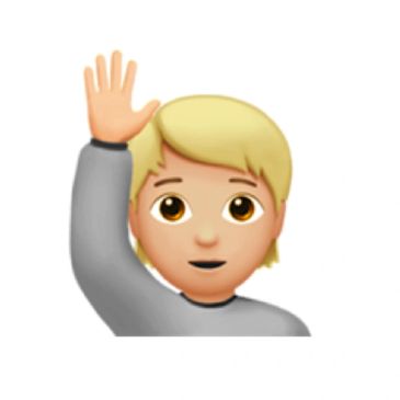 Emoji of a person with blond hair raising their hand.
