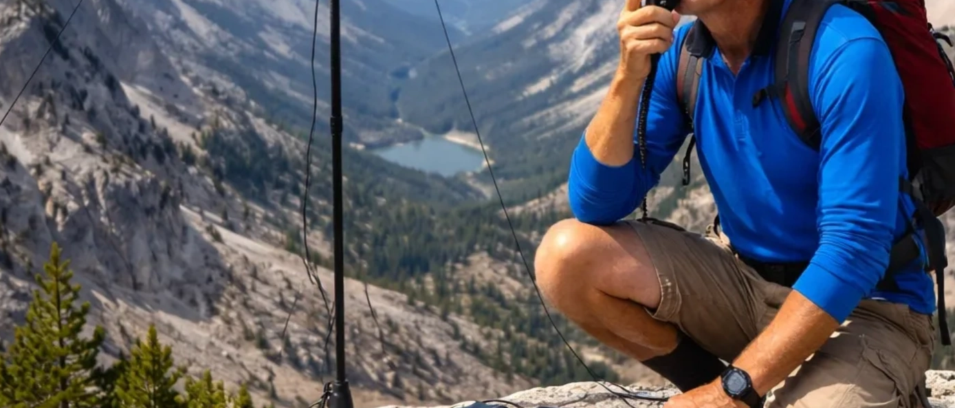 A hiker using a portable radio on a mountain summit with scenic views.