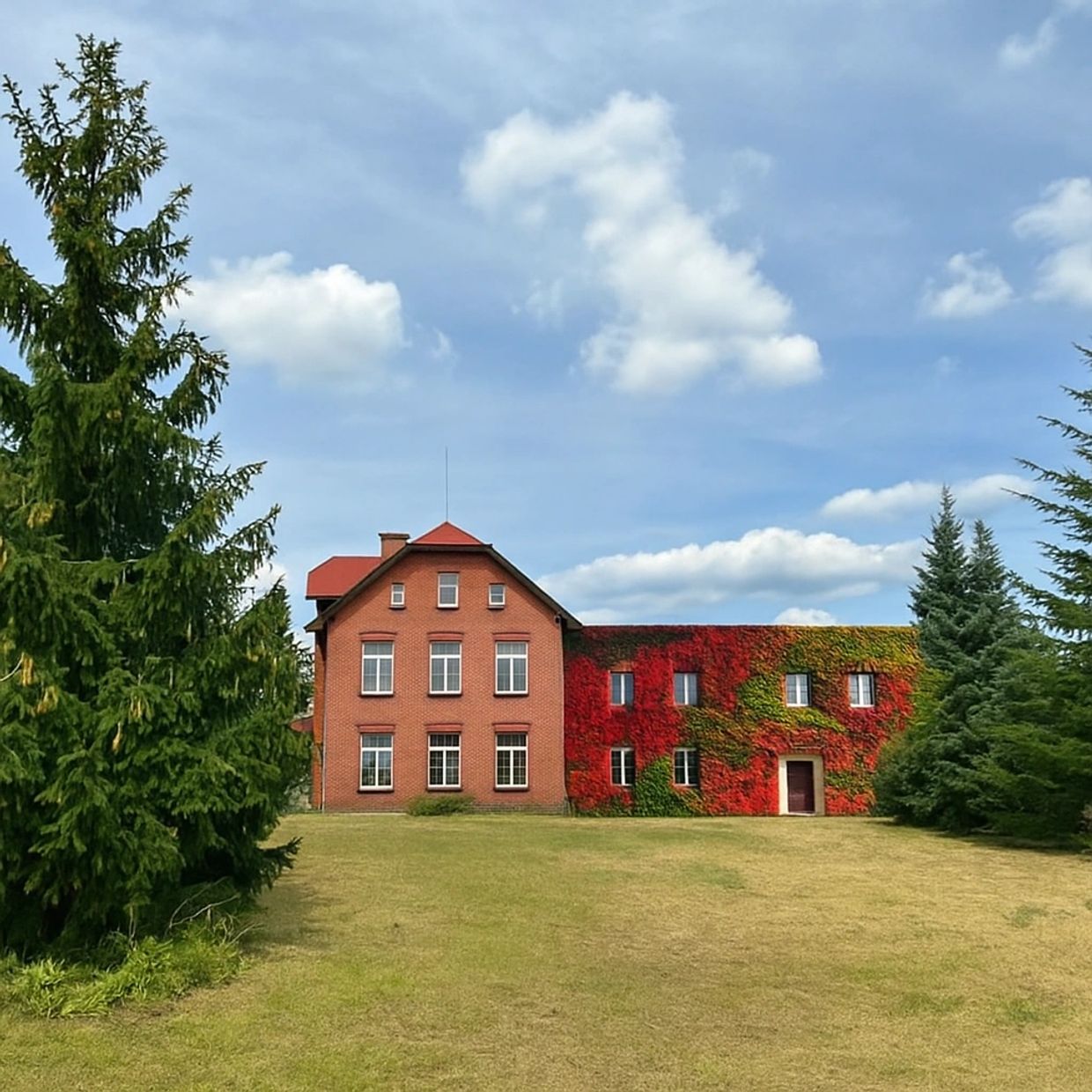 A brick building partially covered with vibrant red and green ivy, surrounded by trees under a blue sky.