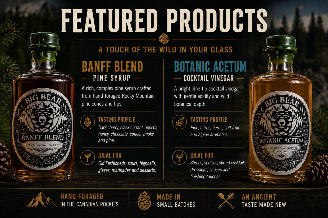 Featured pine-based products: Banff Blend Pine Syrup and Botanic Acetum Cocktail Vinegar.