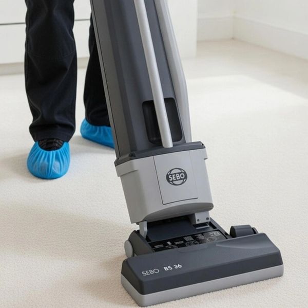 Primokleen technician vacuuming carpet with SEBO BS 36 upright vacuum, wearing protective overshoes.