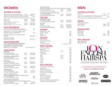 Jon English® Hairspa Trifold Pricing Brochure by Mark Hayden.