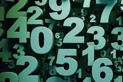 A 3D collage of floating green numbers on a dark background.